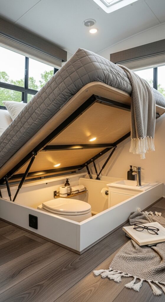 Hidden Bathroom Under a Lift-Up Platform Bed