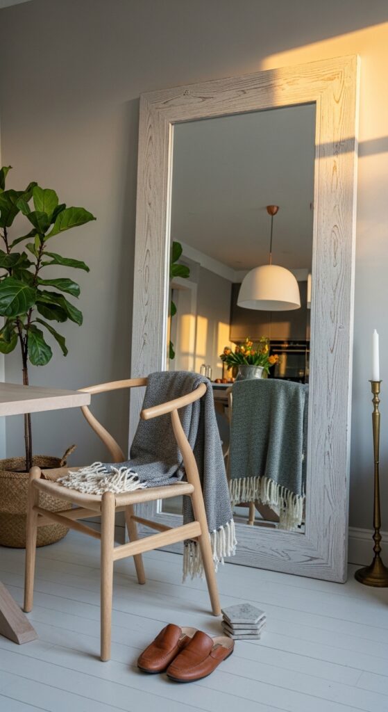 Leaning Oversized Mirror in the Corner Behind Seating