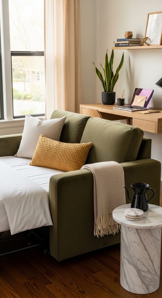Sleeper Sofa Styled as Office Lounge Seating