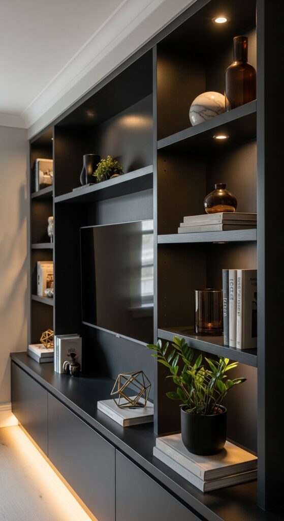 Black Built-In Shelving Around Your TV Wall
