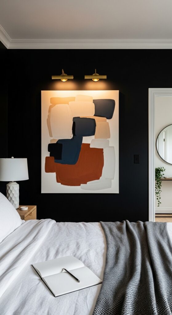 Black Matte Accent Wall with Oversized Abstract Art Piece