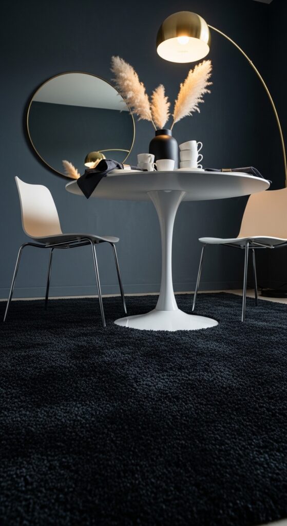 Dark Charcoal Rug Under a White Dining Set