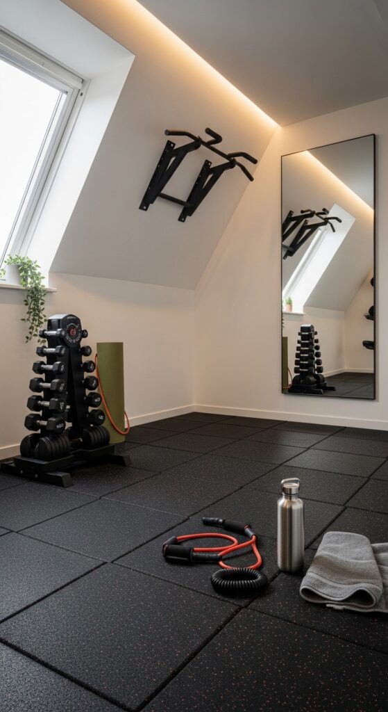 Fitness Studio With Rubber Flooring And Mirror Wall