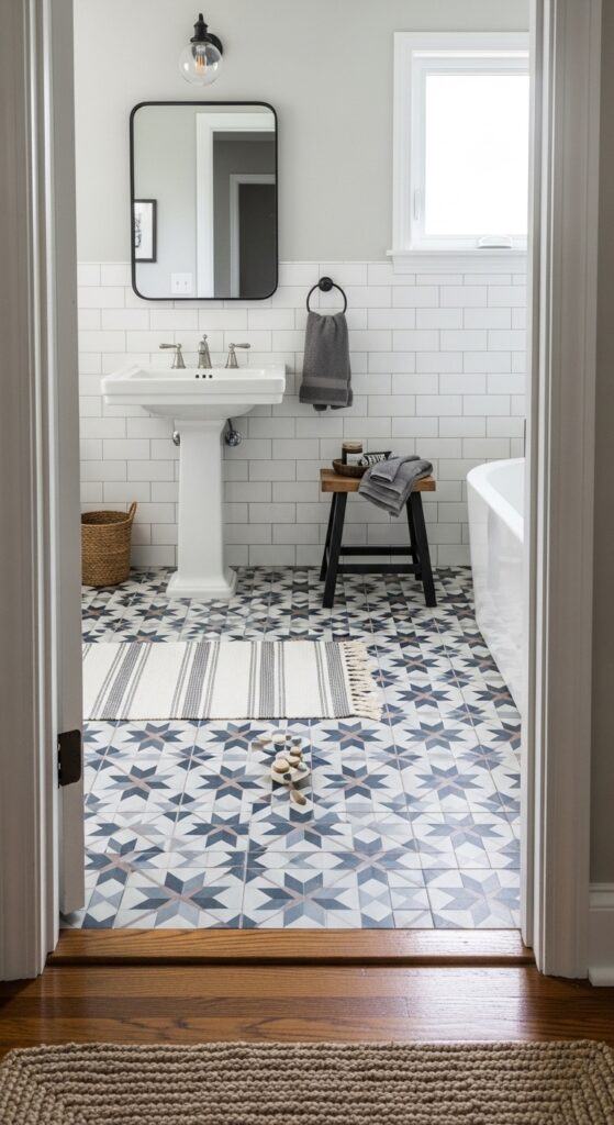 Geometric Patterned Cement Tiles for a Bold Entryway Floor