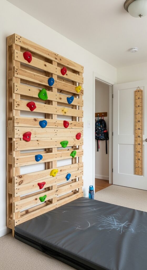 Pallet Climbing Wall with Colorful Grips
