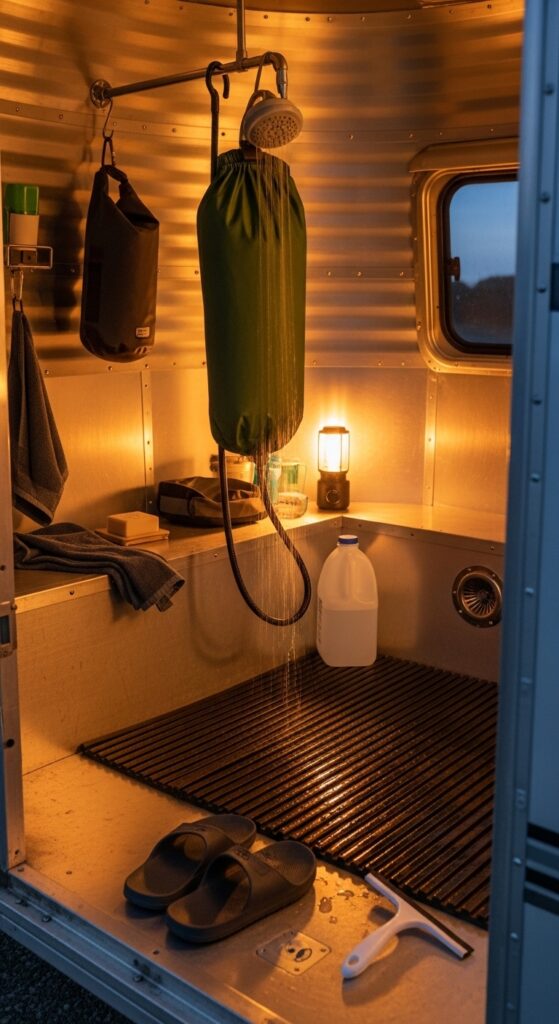 Portable Shower Bag Setup With Drainage Mat