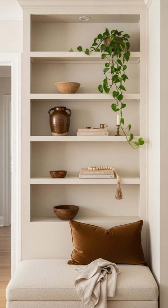 Cream Built-In Shelving with Dark Brown Decor Accents