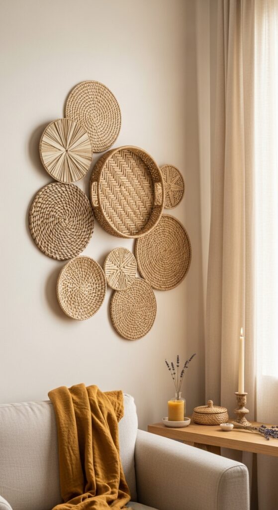 Woven Wall Baskets Arranged in an Asymmetrical Cluster
