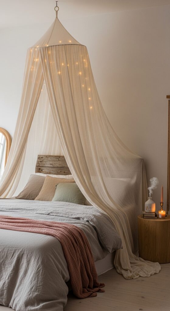 A Canopy of Sheer Fabric Draped Above the Bed