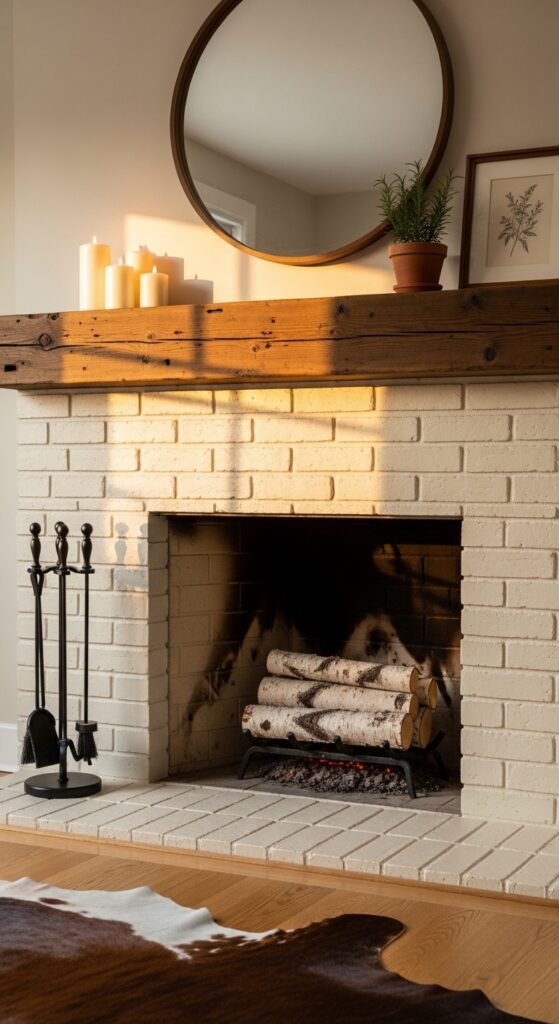 Cream Brick Fireplace with Brown Mantel Beam