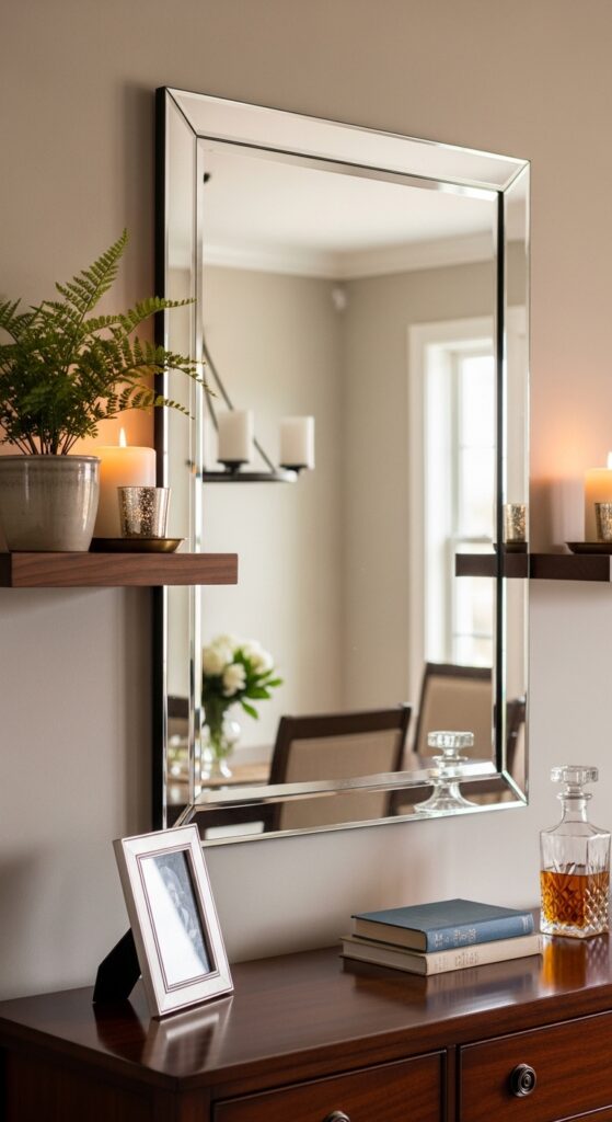Floating Shelves Flanking a Dining Room Mirror