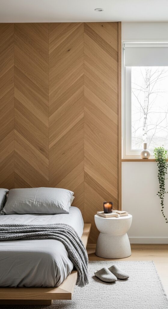 Herringbone Wood Accent Wall Stained in Light Oak