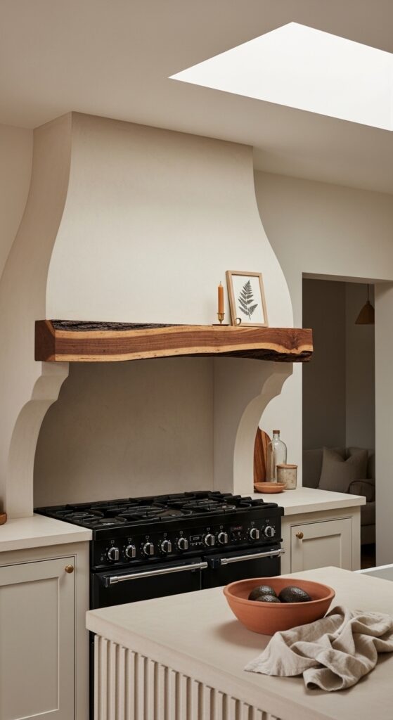 Live-Edge Slab Mantel Over a Plaster Hood