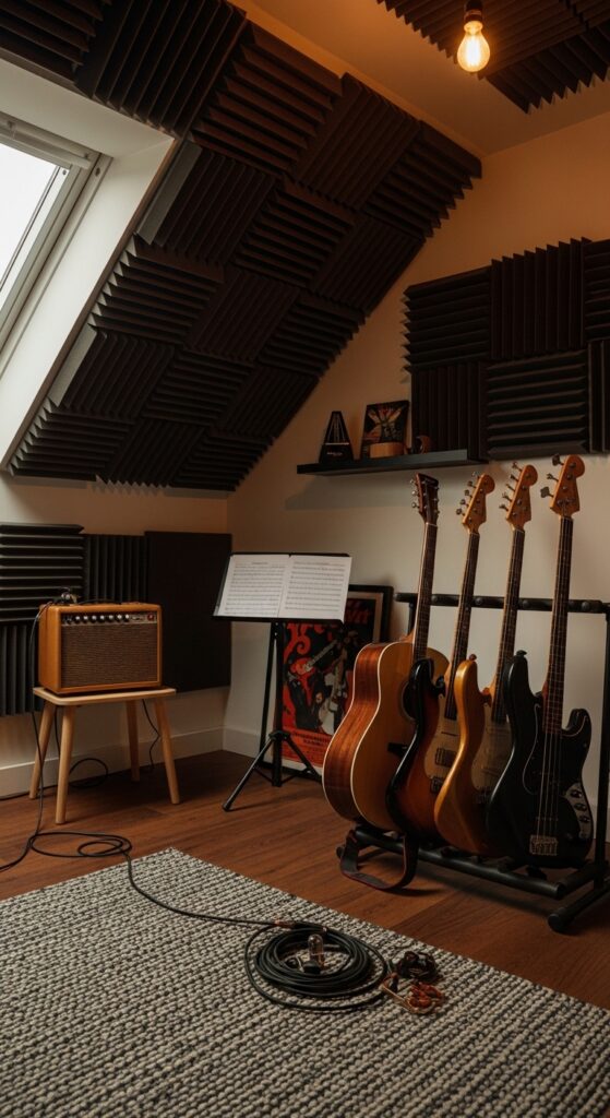 Music Room With Acoustic Panels And Instrument Storage