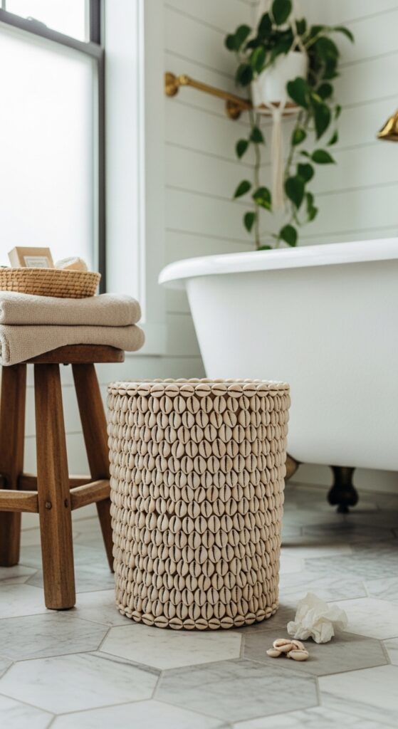 Shell-Wrapped Bathroom Wastebasket
