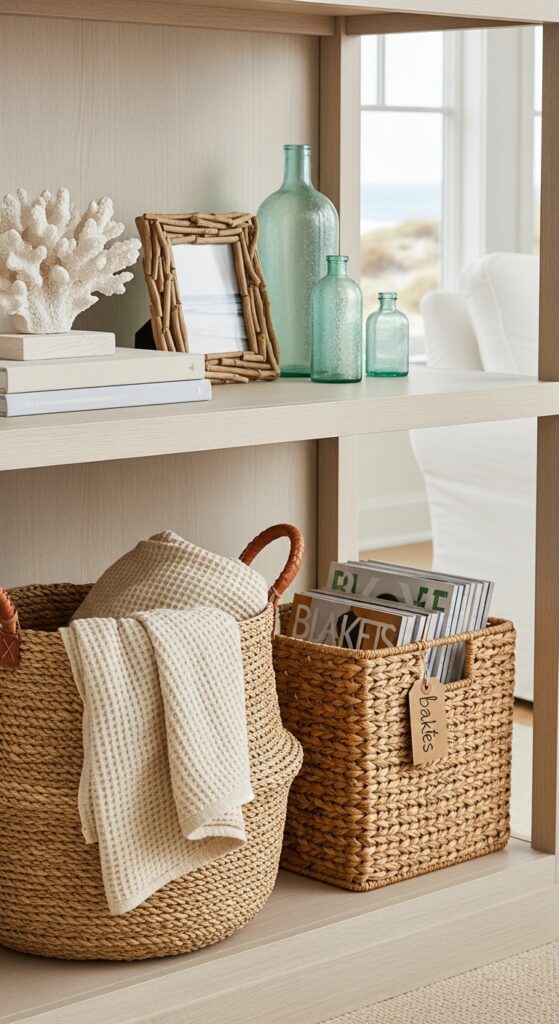 Woven Basket Storage On Lower Shelves