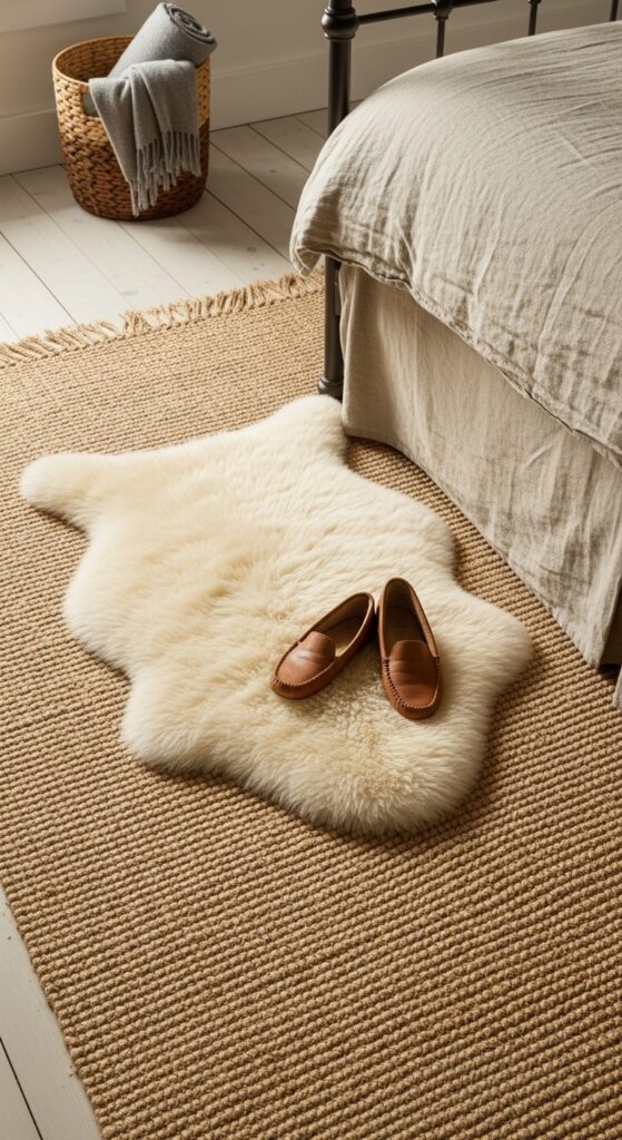 Woven Jute Rug Layered Under a Sheepskin Throw