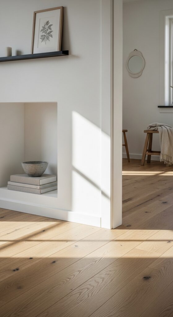 All-White Walls with Warm Oak Flooring