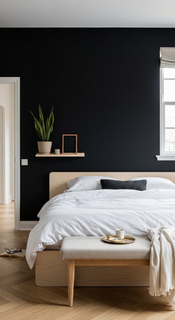 Black Accent Wall Behind Platform Bed