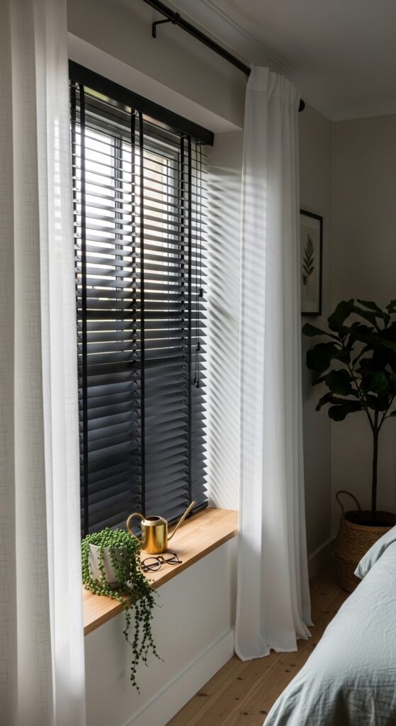 Black Wooden Blinds with Layered White Curtains