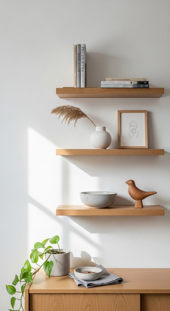 Built-In Floating Shelves in Blonde Wood