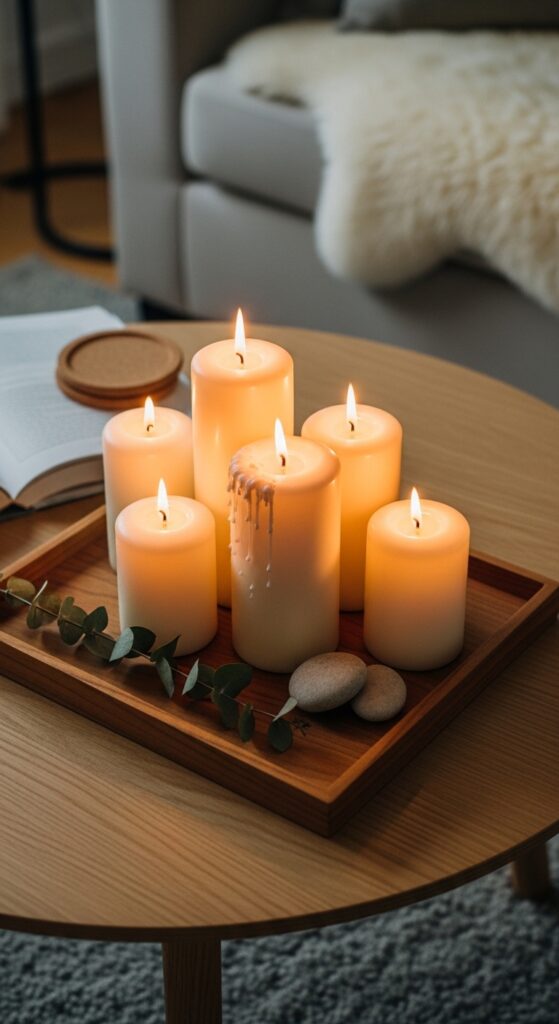 Candle Cluster on Natural Wood Tray