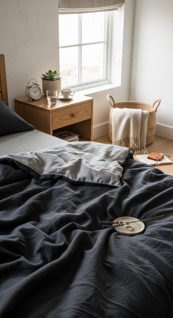 Charcoal Linen Bedding with White Oak Furniture