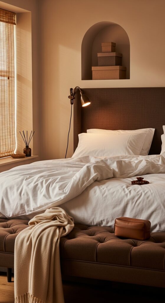 Chocolate Brown Upholstered Headboard with Ivory Bedding