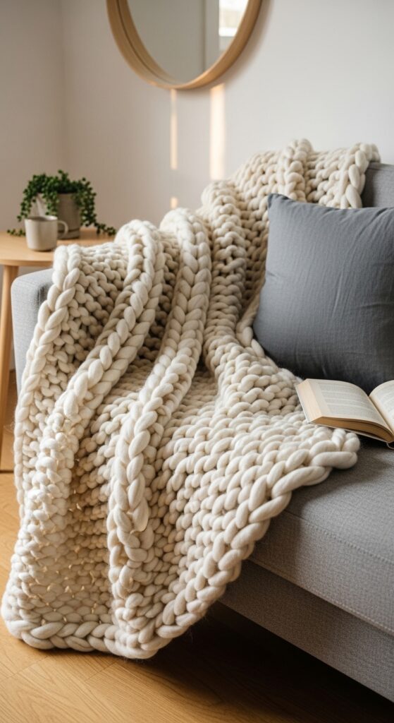 Chunky Knit Throw Blanket in Cream