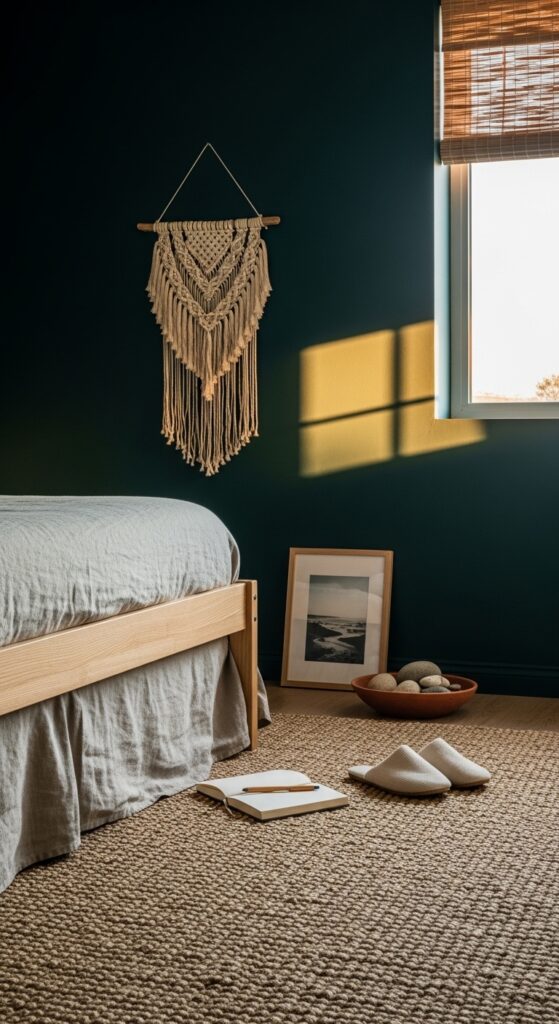 Dark Teal Walls with Natural Jute Rug