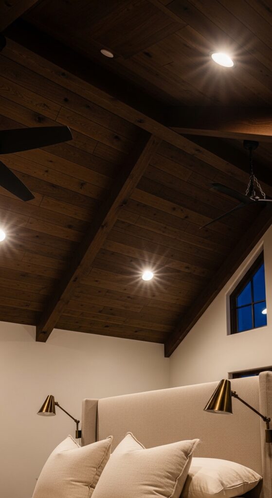 Dark Wood Plank Ceiling with Recessed Lighting