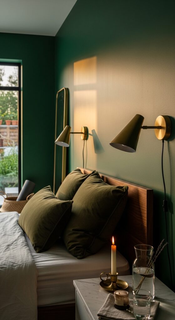 Forest Green Walls with Brass Lighting Fixtures
