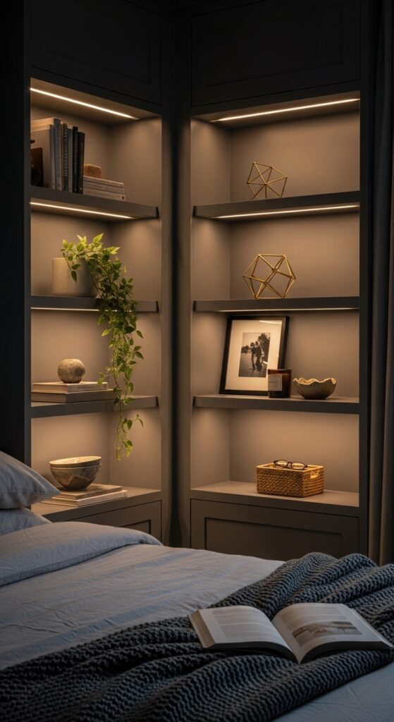 Graphite Gray Built-In Shelving with Integrated LED Strips