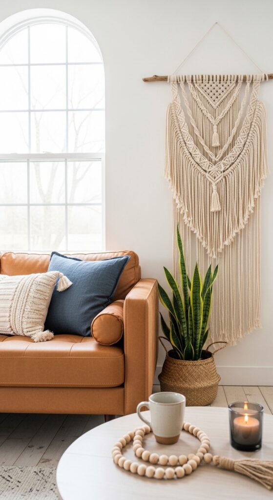 Macramé Wall Hangings Behind the Sofa