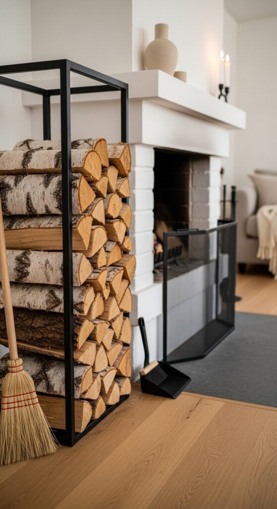Open Firewood Storage in Black Metal Rack