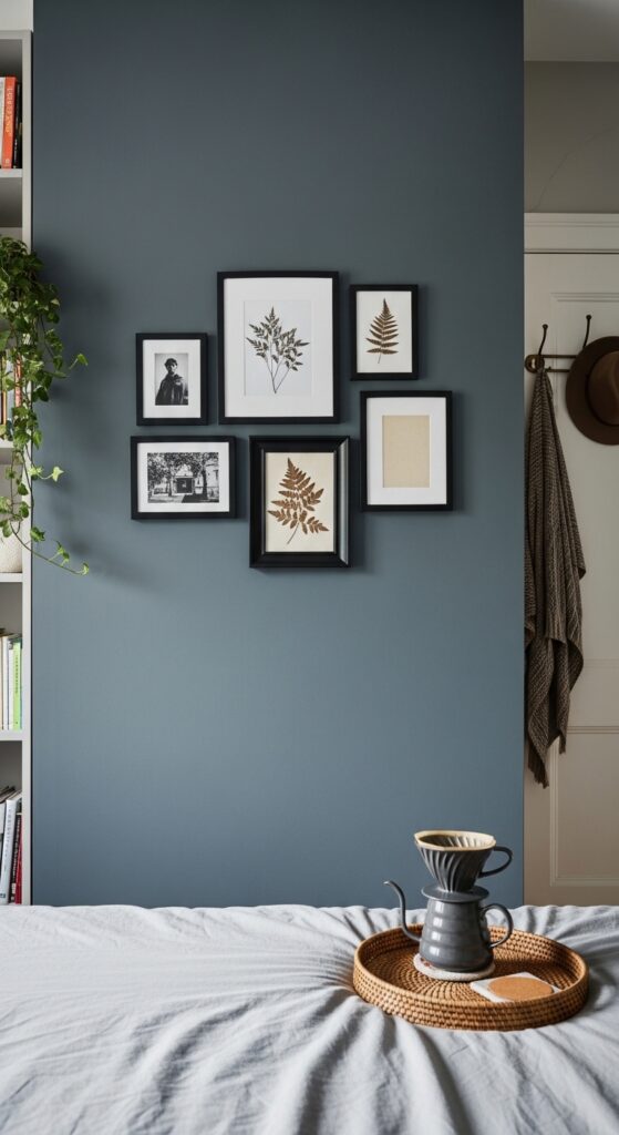 Slate Gray Accent Wall with Gallery of Black Frames